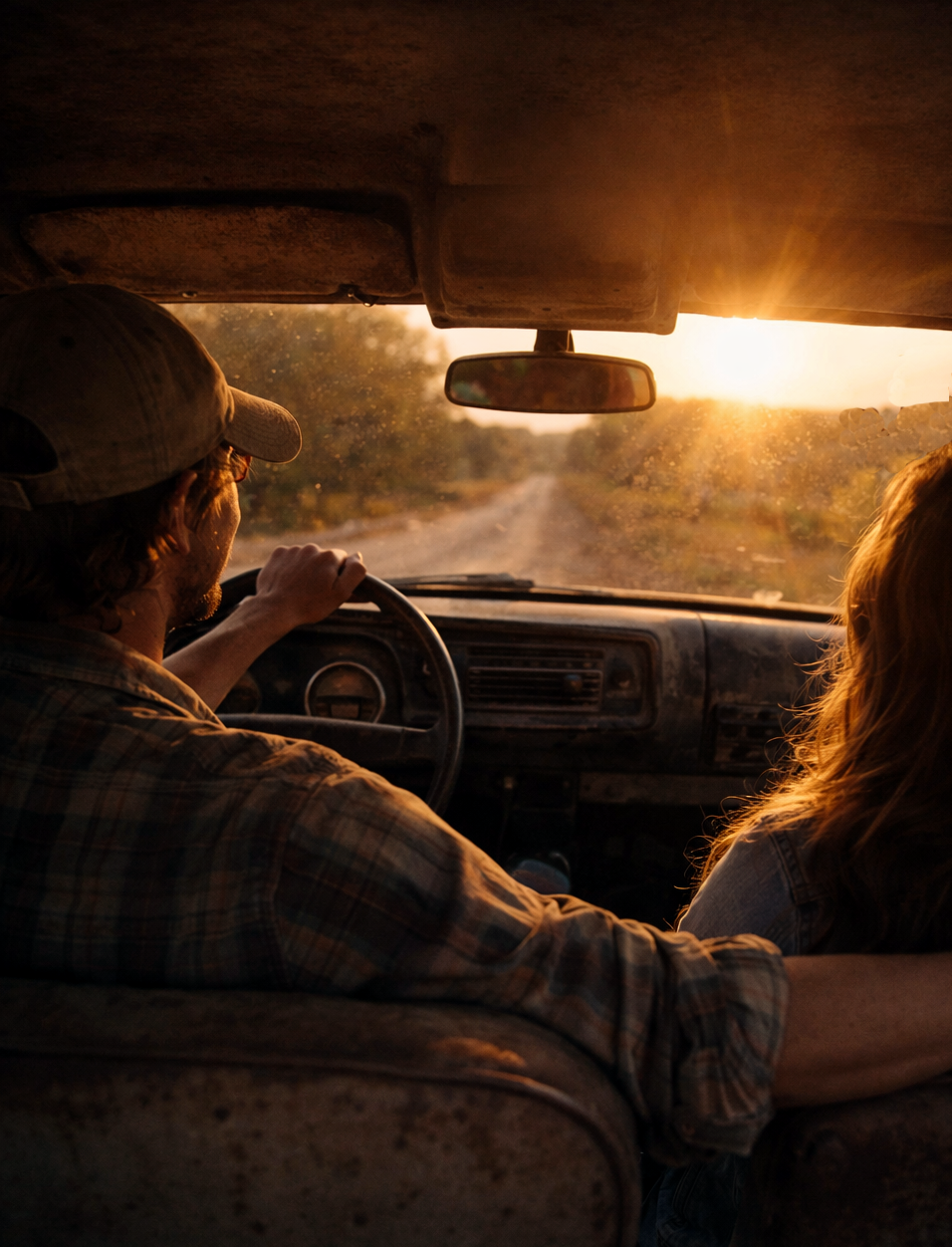 Man in vintage truck wearing worn baseball cap drives down a dusty country road at sunset with woman in denim jacket beside him, enjoying music with windows down — rustic Americana road trip vibe