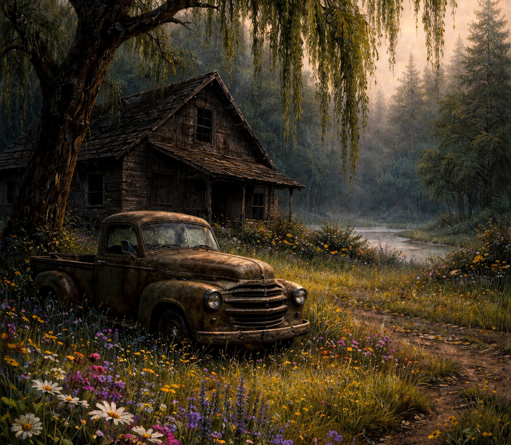 Painting depicting an abandoned country house and rusty old truck beneath a large willow tree. The rural scene features vibrant wildflowers, a dirt path, and a forested background, evoking rustic charm, peaceful decay, and Southern nostalgia.
