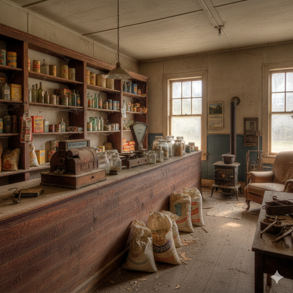Interior of an old, dusty general store or shop with shelves stocked with vintage food and spice jars, a cash register, an old scale, large sacks of supplies on the floor, a wood stove, and vintage furniture.