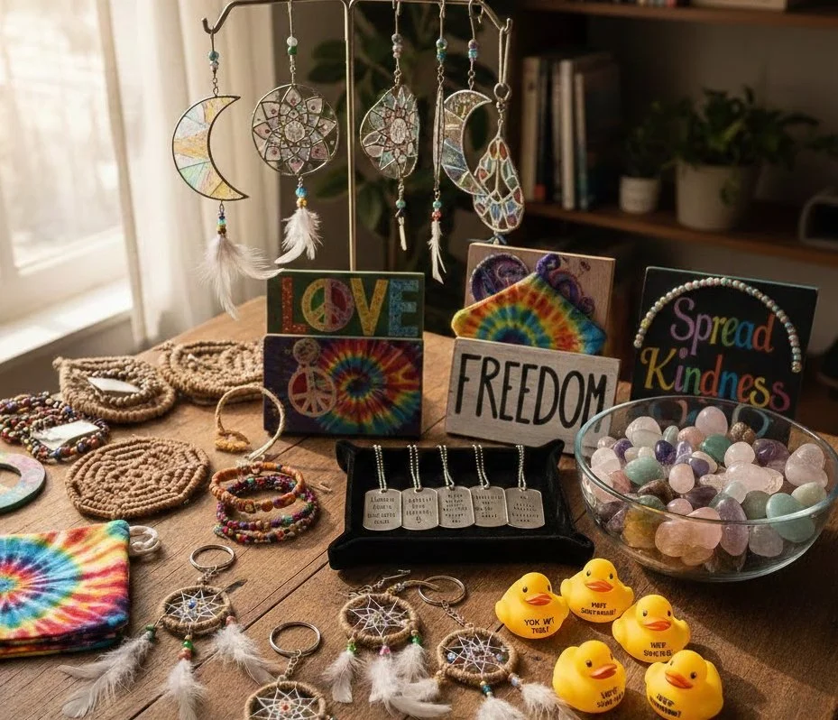 Display of jewelry and decorative items, including dream catchers, beaded bracelets, keychains, and a bowl of pastel-colored stones, with signs featuring words like "LOVE," "FREEDOM," and "Spread Kindness" on a wooden table.