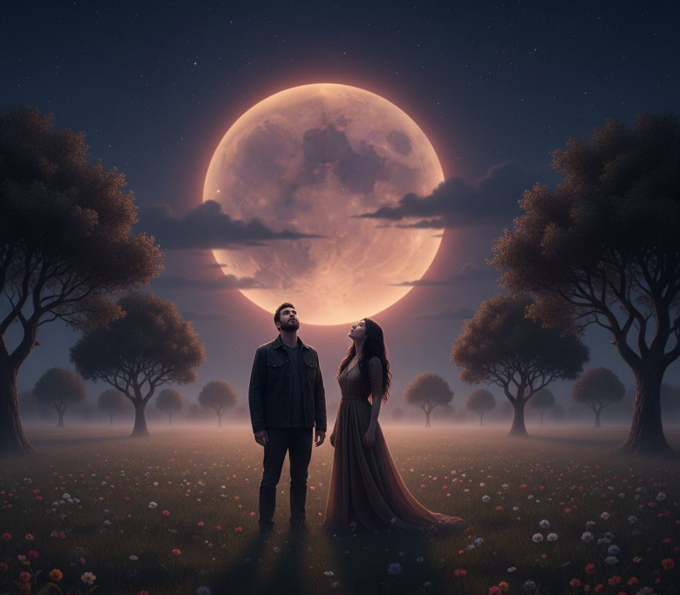 A man and woman standing in a field of flowers under a huge, glowing full moon at night, with trees in the background and clouds partially covering the moon.