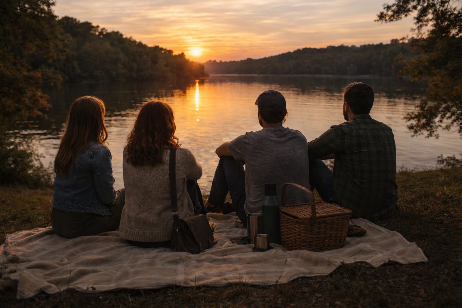 Four friends sit on a blanket near the edge of the Tennessee river in Savannah at sunset, gazing out at the golden light reflecting off the water. Surrounded by trees and gentle hills, the scene captures a peaceful, heartfelt moment in nature.