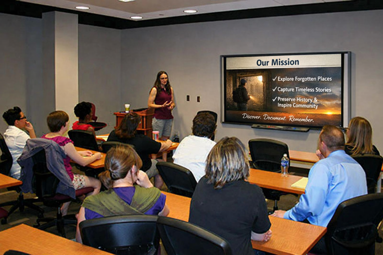 A woman giving a presentation on a screen titled 'Our Mission' with a list of goals to explore forgotten places, capture timeless stories, preserve history, and inspire the community, while an audience of diverse adults listens.