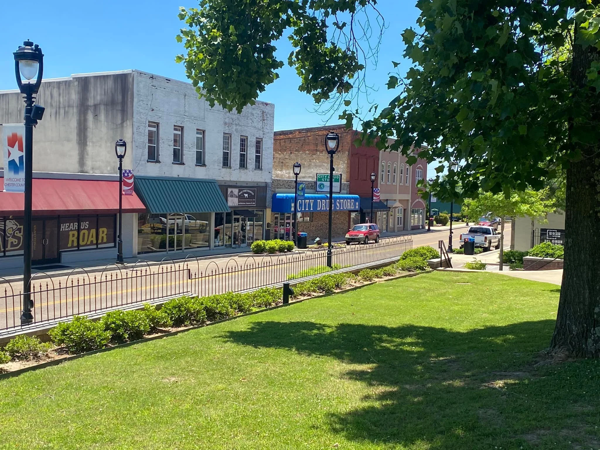 A small downtown street with historic buildings, a grassy park area with trees, lampposts, and parked cars along the curb.