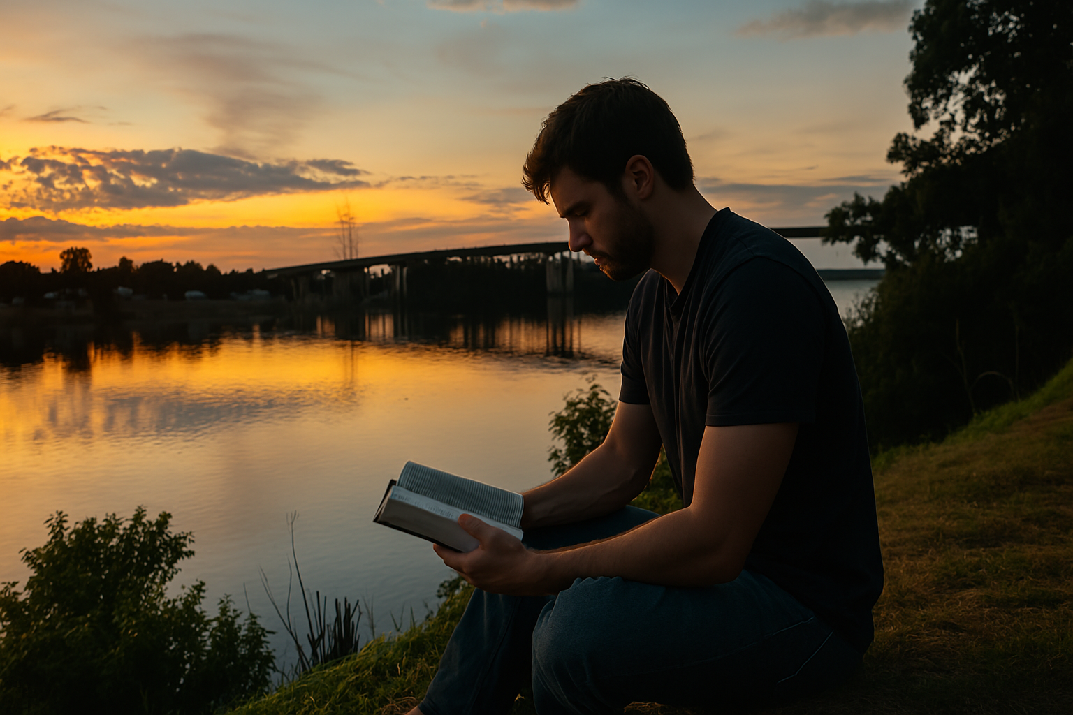 A man sitting by a river at sunset reading a book.