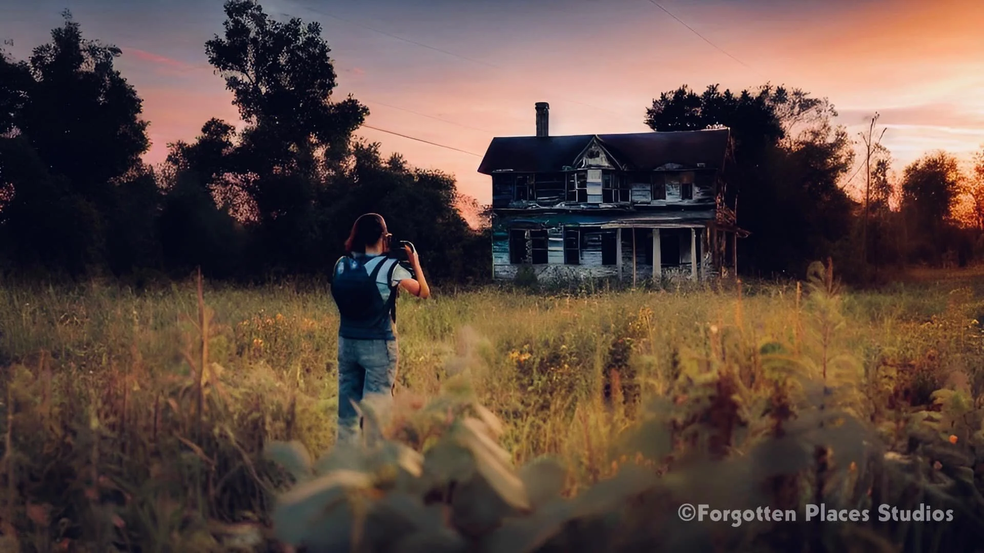 Photographer capturing an abandoned two-story farmhouse at sunset in rural West Tennessee. The house is weathered and broken, surrounded by tall grass and trees under a glowing sky. Image by Forgotten Places Society.