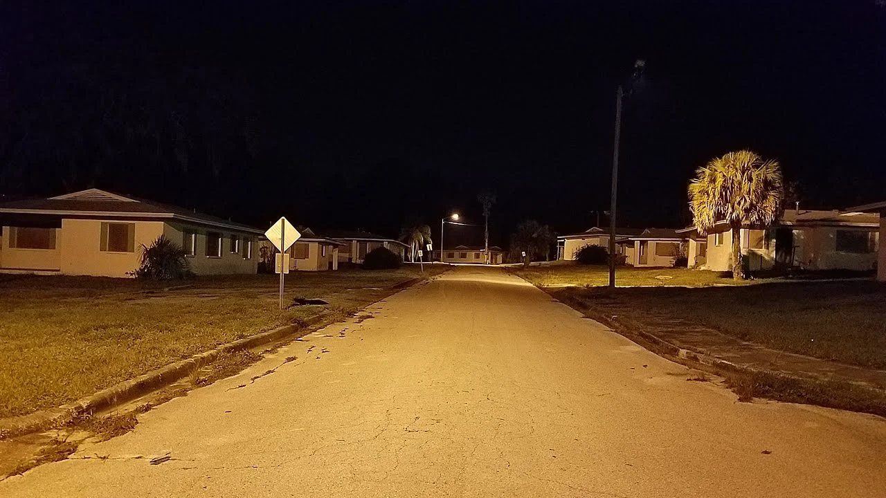 Quiet suburban street at night with houses, streetlights, and a palm tree.