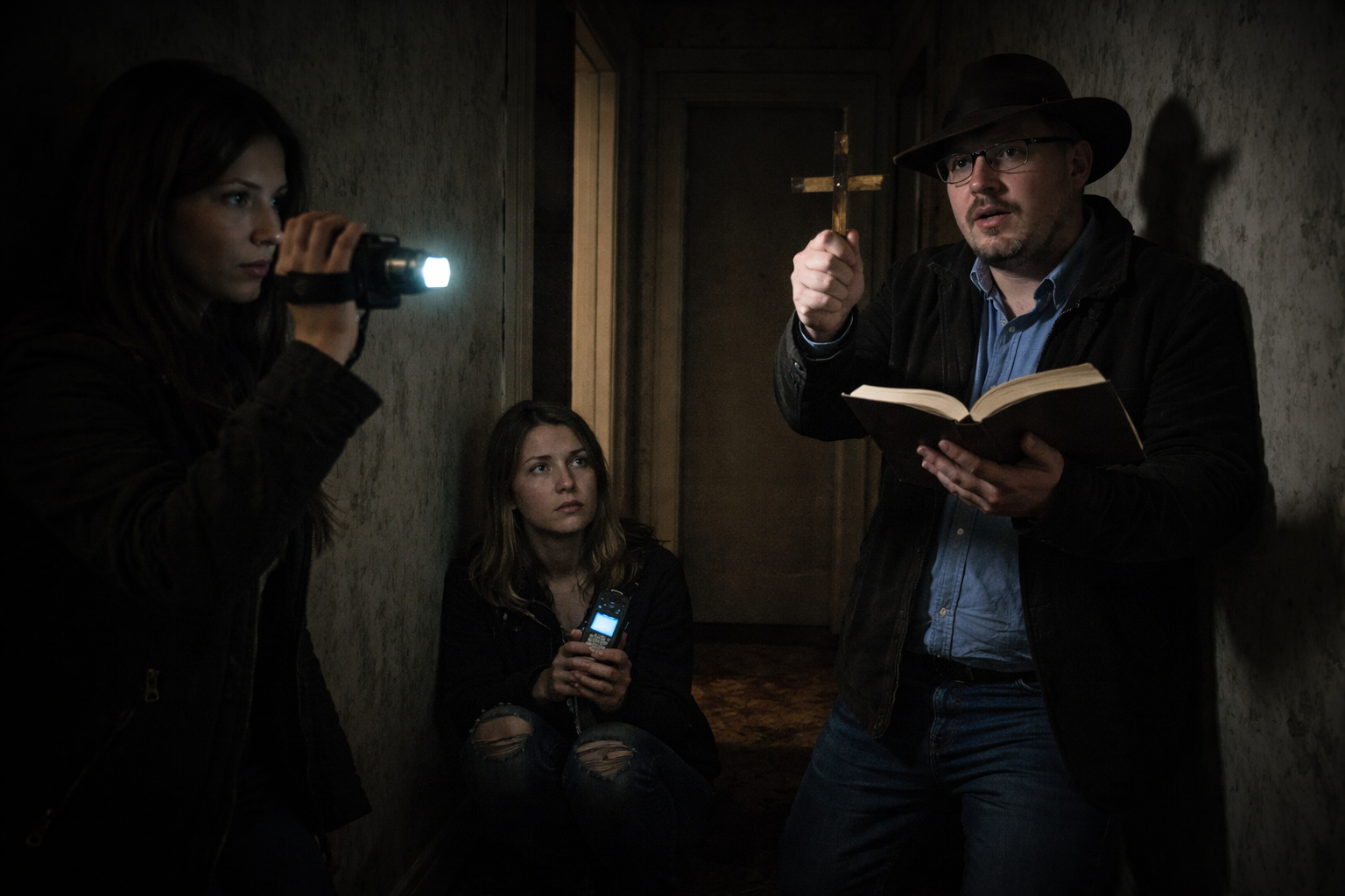 Three people in a dimly lit hallway, one man with a hat and glasses holding a cross and a book, two women listening, one woman is holding a recorder, and another woman is holding a flashlight.