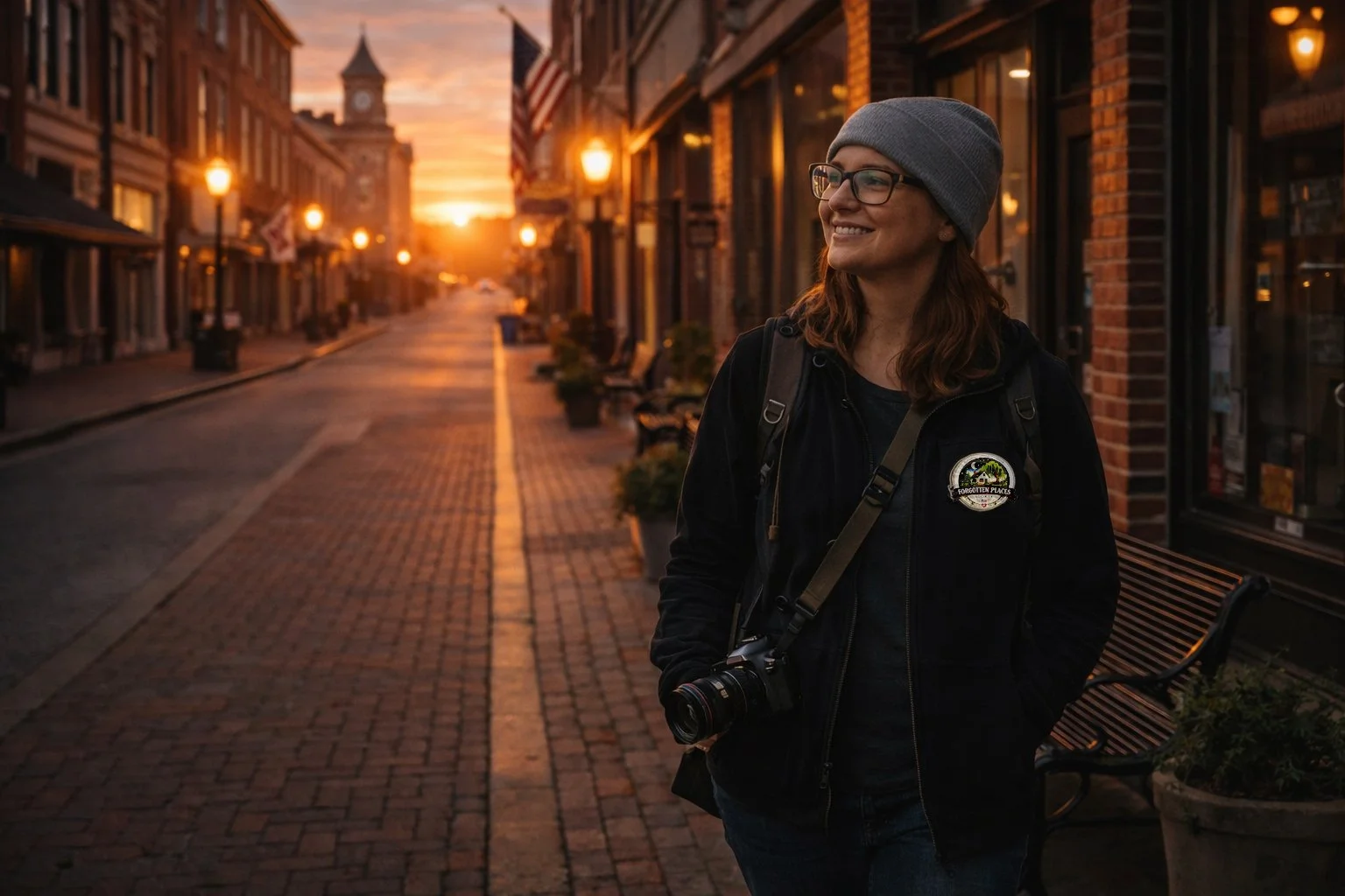 A woman wearing a beanie and backpack walks down a historic small-town sidewalk at sunset, smiling softly as warm light reflects off old brick buildings and vintage street lamps, capturing the peaceful spirit of Forgotten Places Society in Savannah,