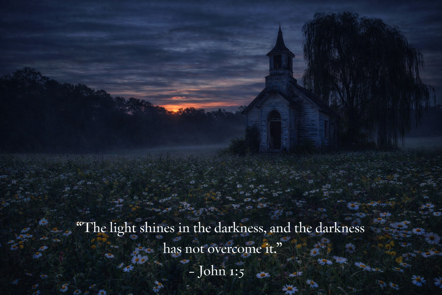 A dark, moody photograph of an abandoned wooden church with a tall steeple, surrounded by a field of daisies at sunrise or sunset, with fog and a large tree nearby, and a Bible quote from John 1:5 overlayed at the bottom.