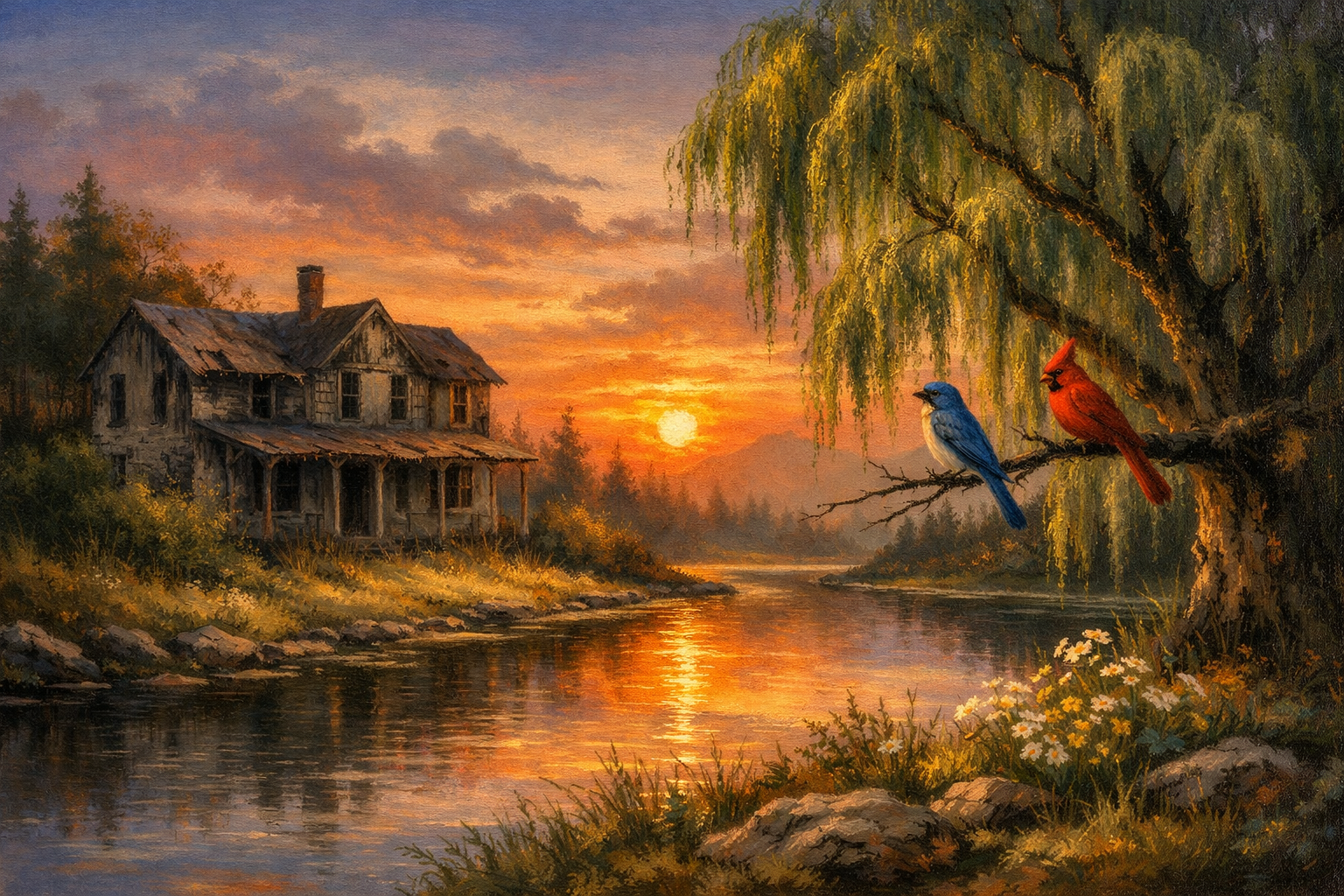 Bob Ross-style painting of an abandoned riverside house and willow tree at sunset, with a bluebird and cardinal perched on a branch — showcasing original mystical artwork from Savannah, TN.