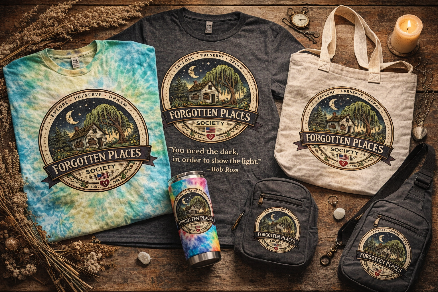 Collection of nostalgia-themed merchandise featuring the Forgotten Places Society logo, including a tie-dye T-shirt, a gray T-shirt with quote, a tote bag, a tumbler, a mini backpack, and a crossbody bag, all with nature and night sky designs, arranged on a wooden surface with dried flowers, a candle, and small decorative stones.