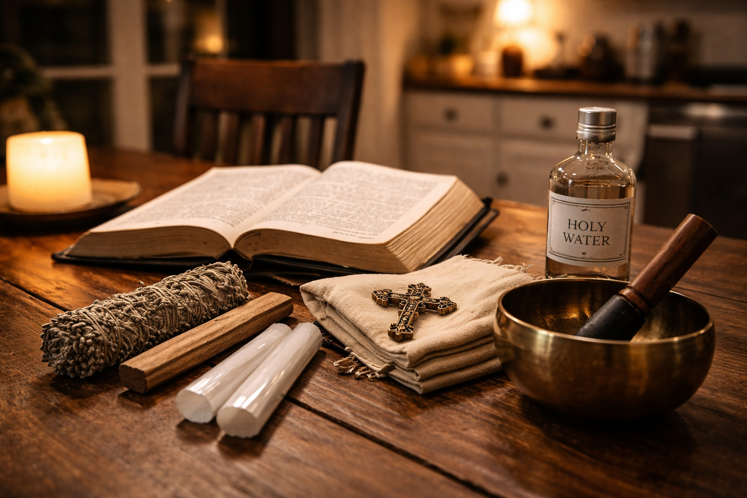 Religious items on a wooden table illuminated by candlelight, including an open Bible, a bottle labeled 'Holy Water', a crucifix, a mortar and pestle, candles, and a folded cloth.