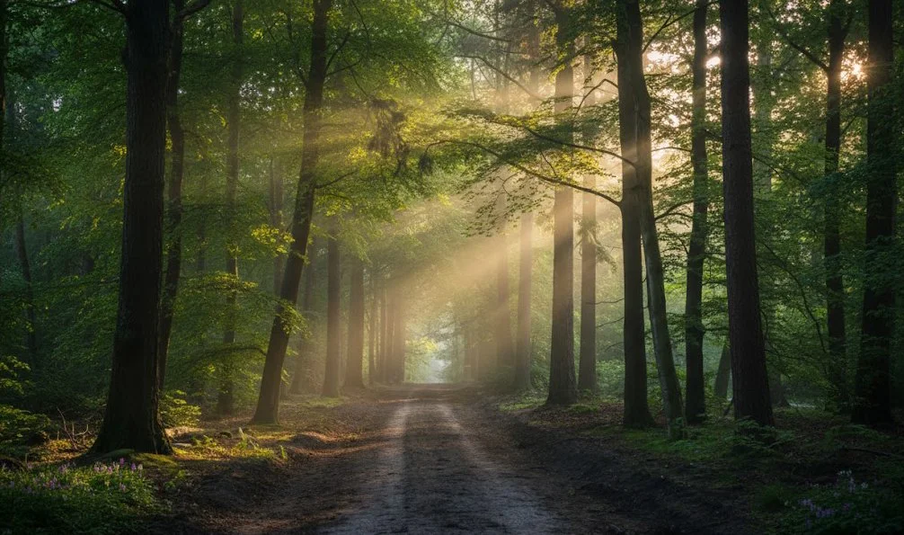 Sunlight streaming through a dense forest in West Tennessee, illuminating a quiet dirt path surrounded by tall trees and lush greenery. A peaceful woodland landscape captured by Forgotten Places Society.