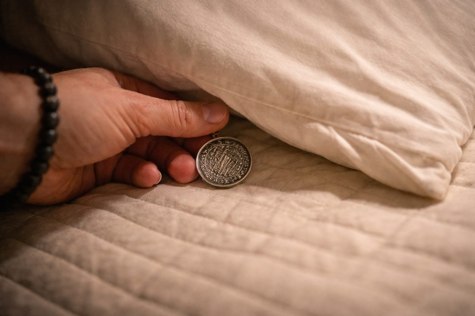 Close-up of a hand holding a coin under a pillow on a bed.