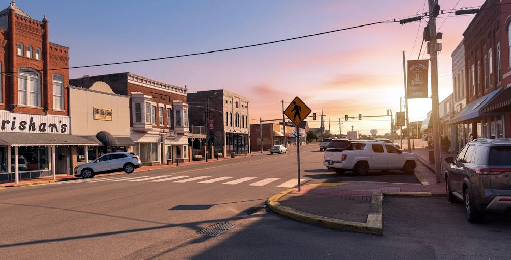 Sidewalk view of historic downtown Savannah, Tennessee at sunset, featuring a Victorian-style home, vintage signage, and the warm glow of a southern evening sky.