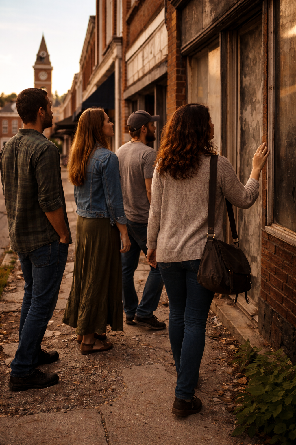 Four friends exploring a forgotten main street , admiring the windows of an old abandoned building at sunset.the group reflects the mission of Forgotten Places Society based in Savannah,TN