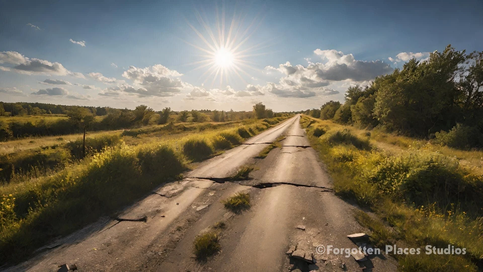 A cracked, weathered country road stretching into the distance with green fields and trees on either side, under a bright sun with a partly cloudy sky.