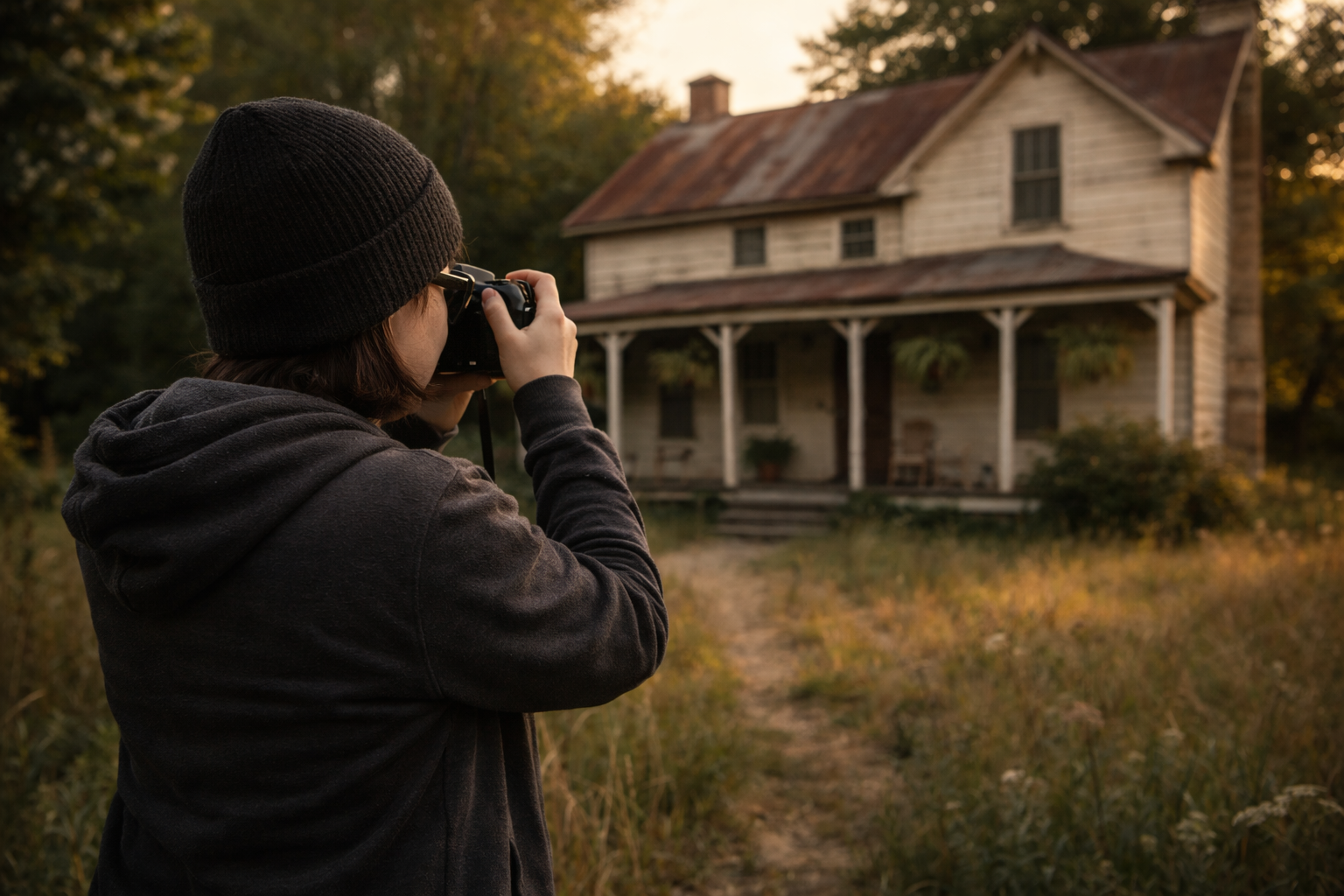 A person in a black hoodie and beanie taking a photo of an old, abandoned house with a porch, set in a rural, grassy area during sunset.