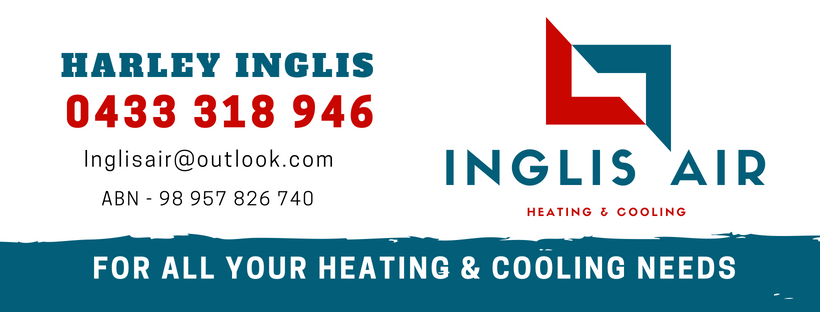 Business card for Inglis Air heating and cooling, featuring the name Harley Inglis, contact number 0433 318 946, email Inglisair@outlook.com, ABN 98 957 826 740, with a logo and tagline for heating and cooling services.
