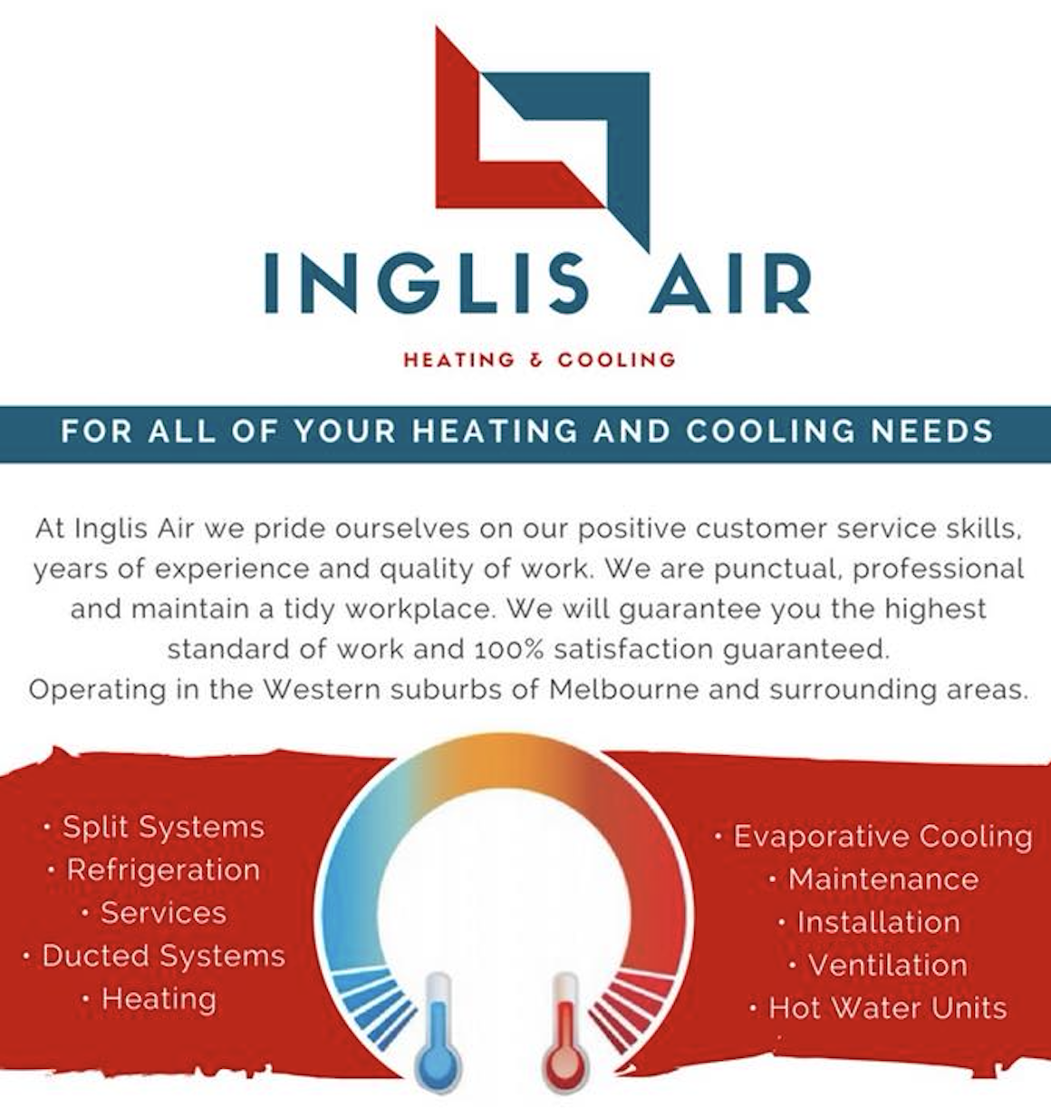 Flyer for Inglis Air heating and cooling services with logo, slogan, and list of services including split systems, refrigeration, ducted systems, heating, evaporative cooling, maintenance, installation, ventilation, and hot water units. Features a thermometer graphic showing heating and cooling.