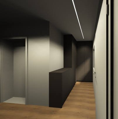 Modernes, dunkles Flur mit Holzfußboden und LED-Beleuchtung an der Decke.