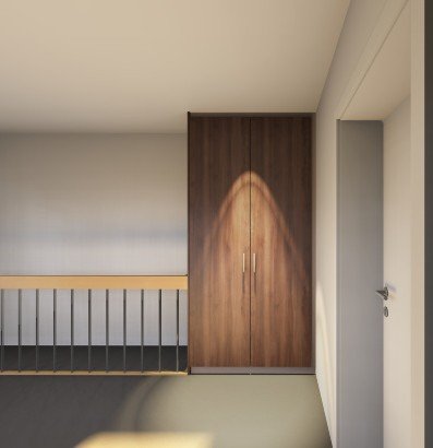 Ein Schlafzimmerschrank aus Holz in einem Raum mit weißem und grauem Wandfarben.