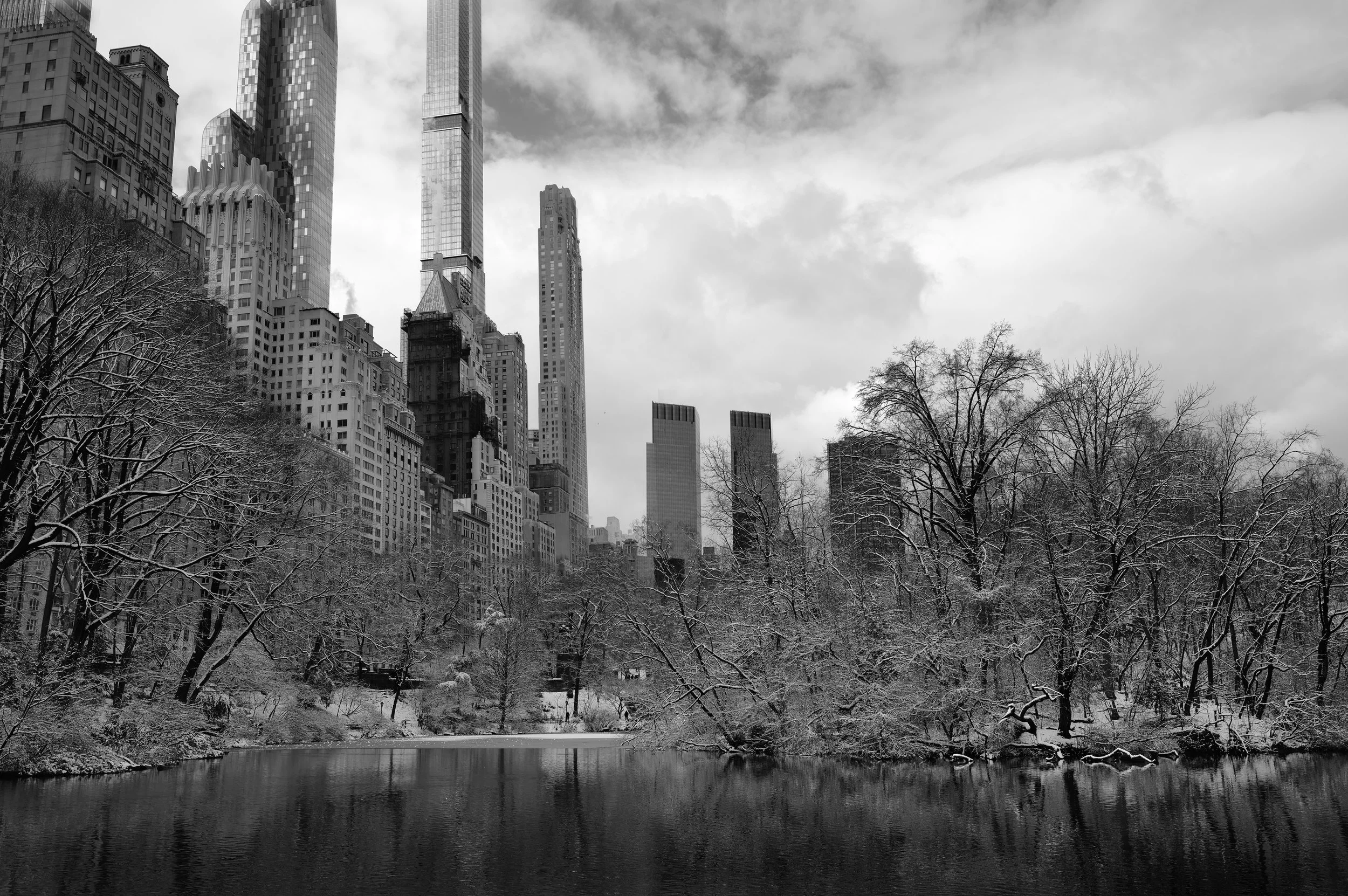 Black and white photo of a city skyline with tall skyscrapers behind snow-covered trees and a body of water in the foreground.