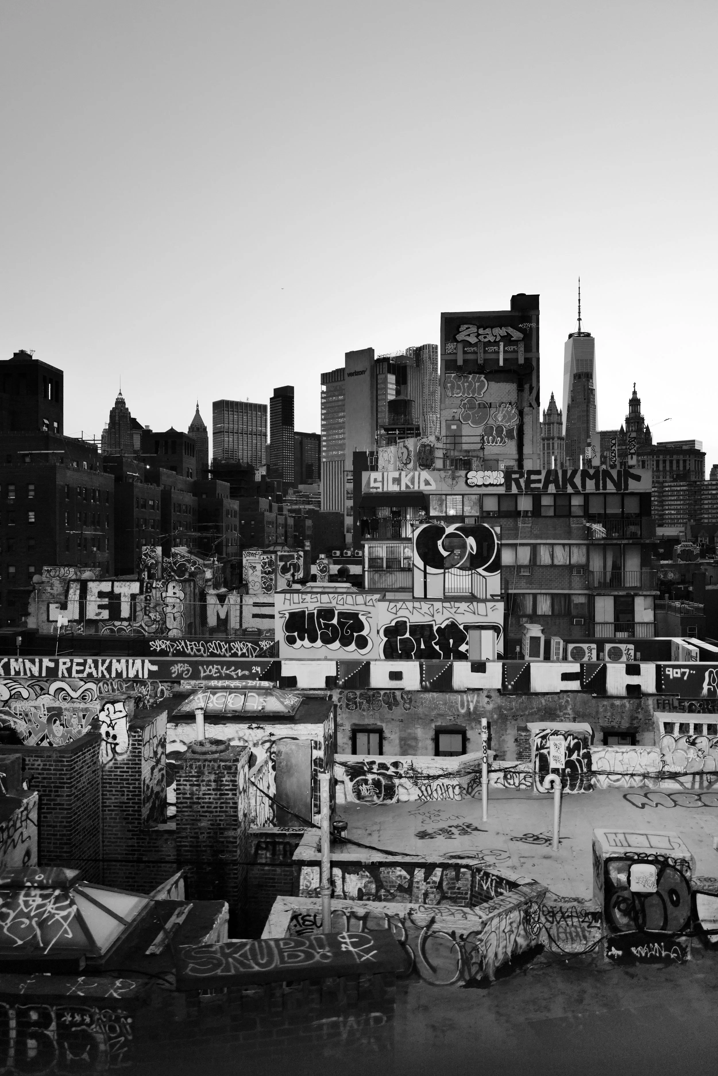 Black and white cityscape featuring graffiti-covered rooftops with skyscrapers and the skyline in the background.