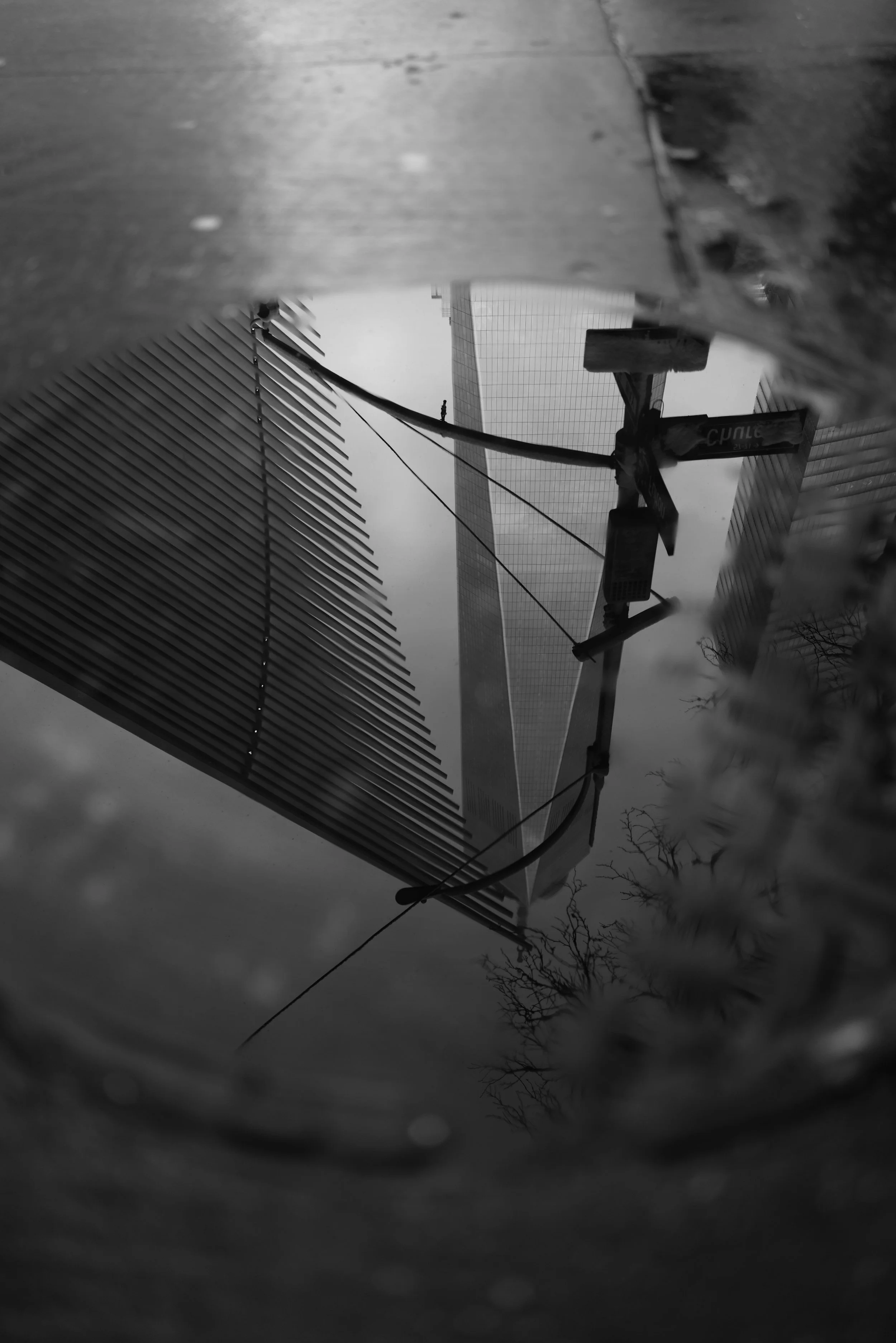Reflection of modern buildings, a power pole, and trees in a puddle on the ground in black and white.