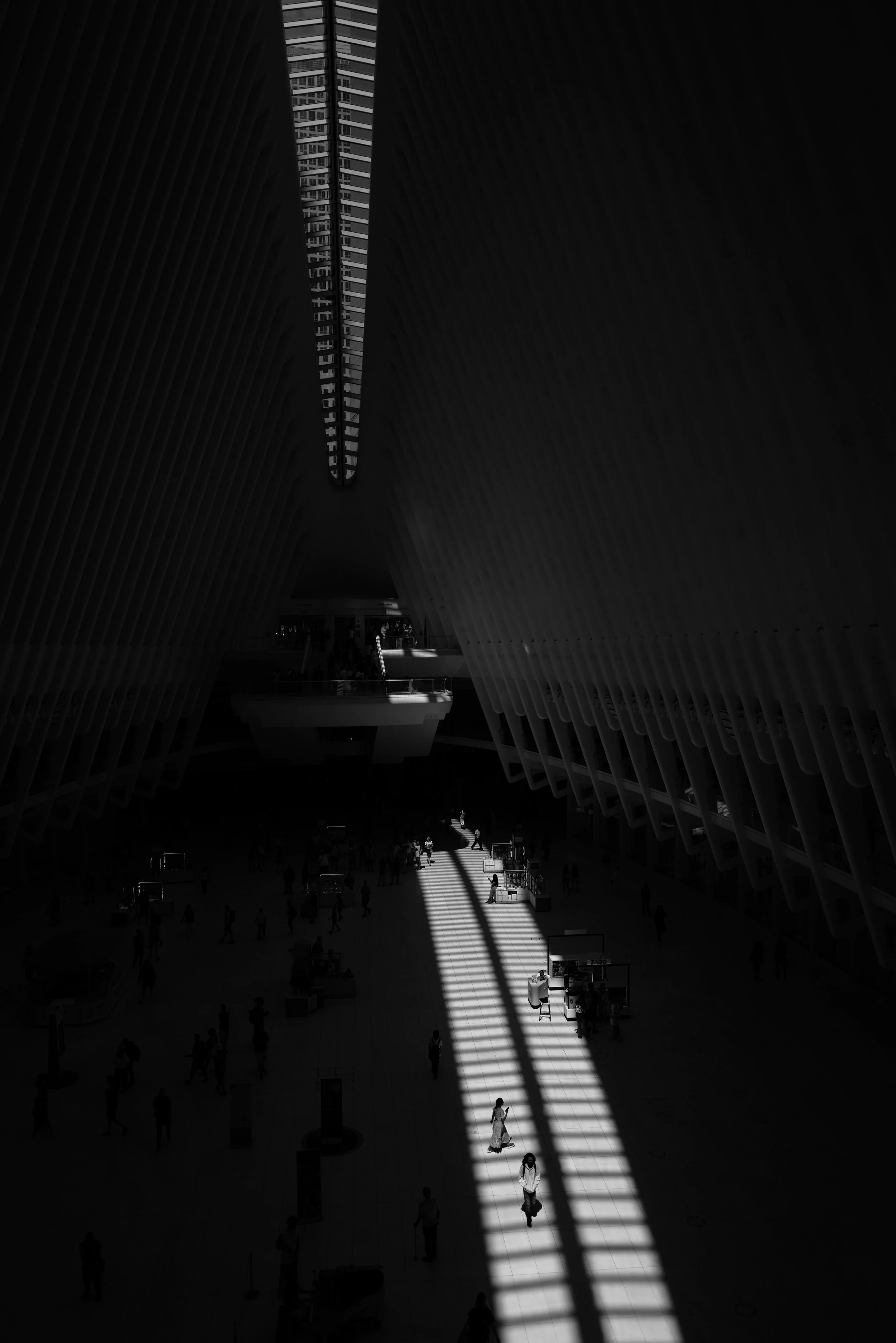 People walking in a modern building with high ceilings and unique architectural design, illuminated by a beam of sunlight.