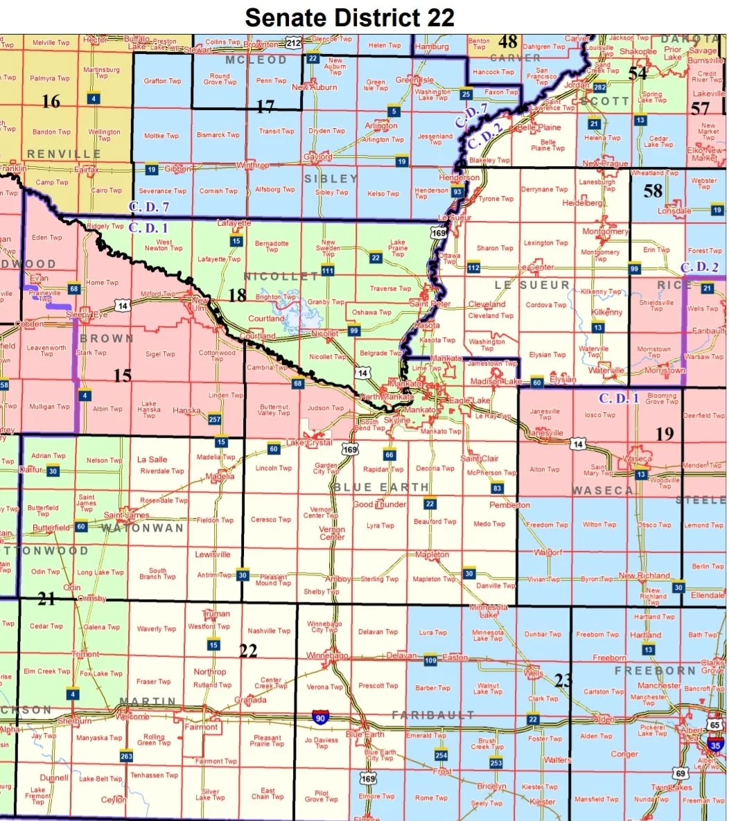 Map of Senate District 22 in Minnesota, showing congressional and state legislative boundaries, roads, and towns including Mankato and Blue Earth.