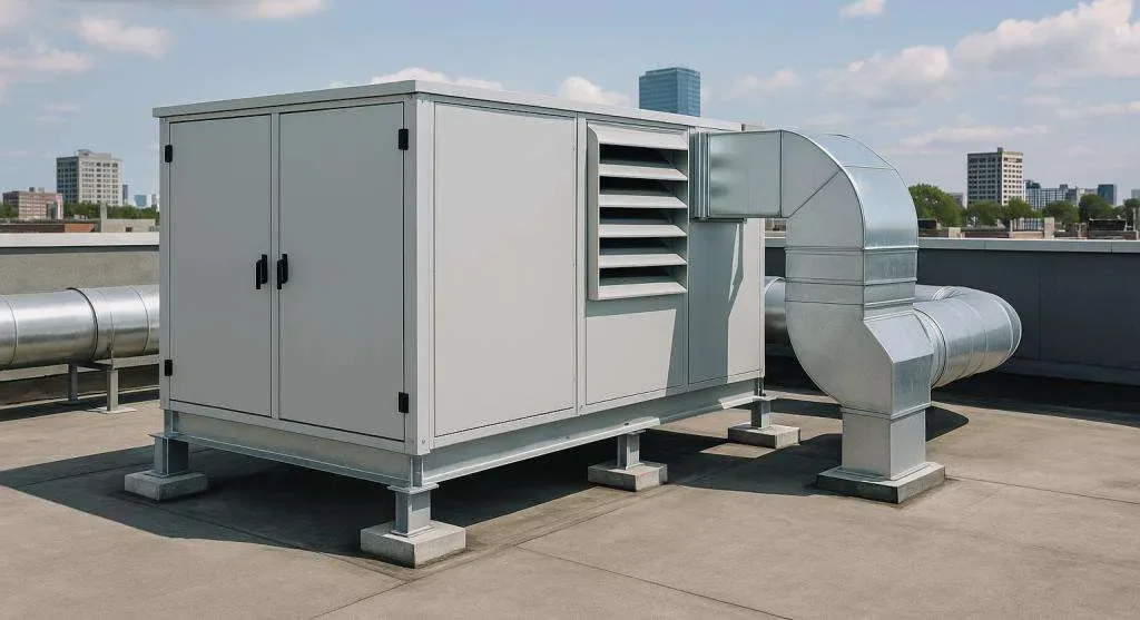 HVAC rooftop unit with ductwork on a building rooftop with a city skyline in the background.