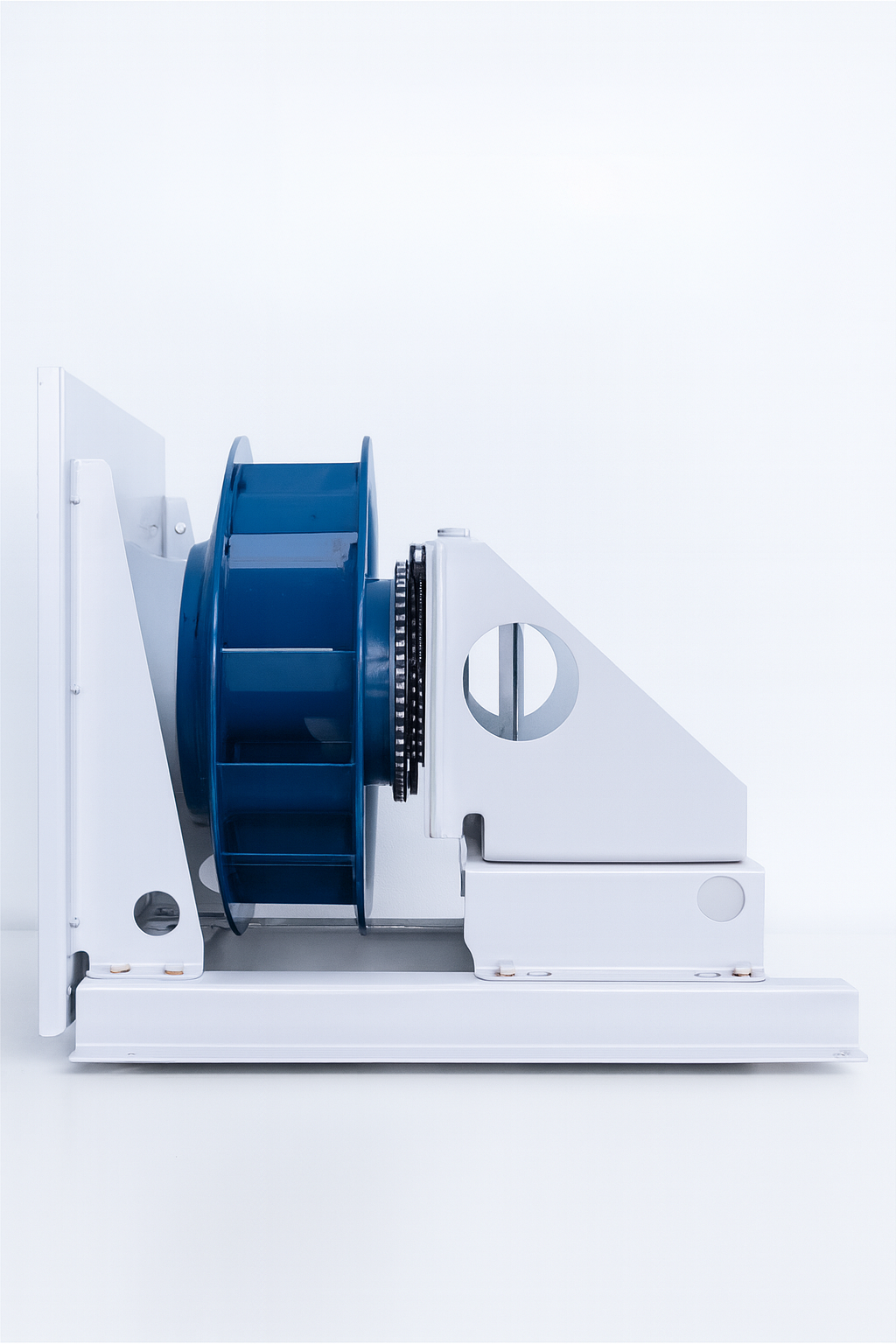 Close-up of laboratory equipment with a blue rotating component on a white background.