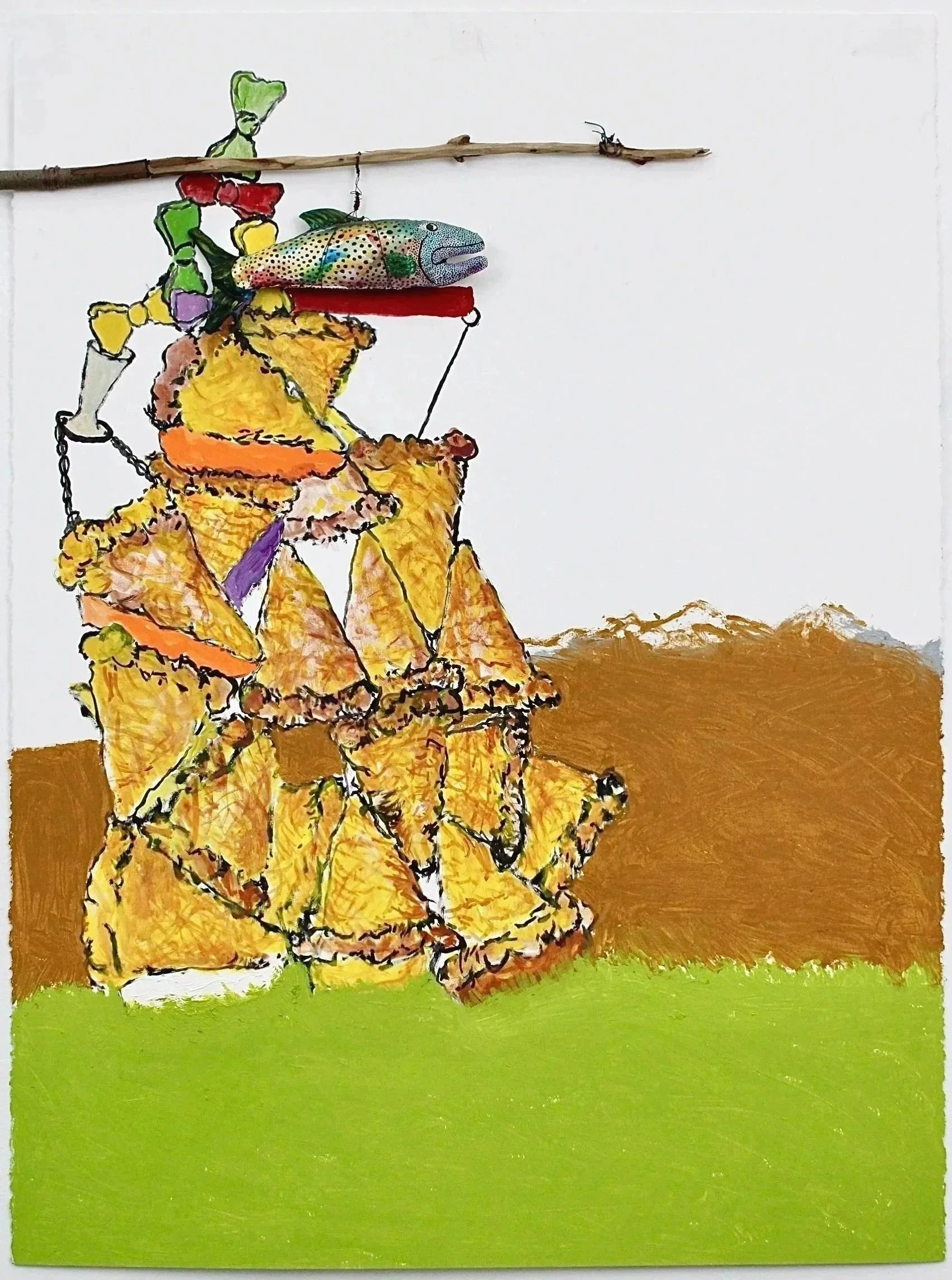 Pie Mountain. Oil stick and acrylic on paper with found objects.