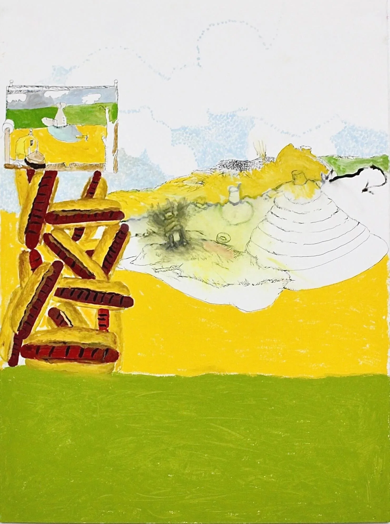 Hot Dog Scaffolding. Oil stick and acrylic on paper.