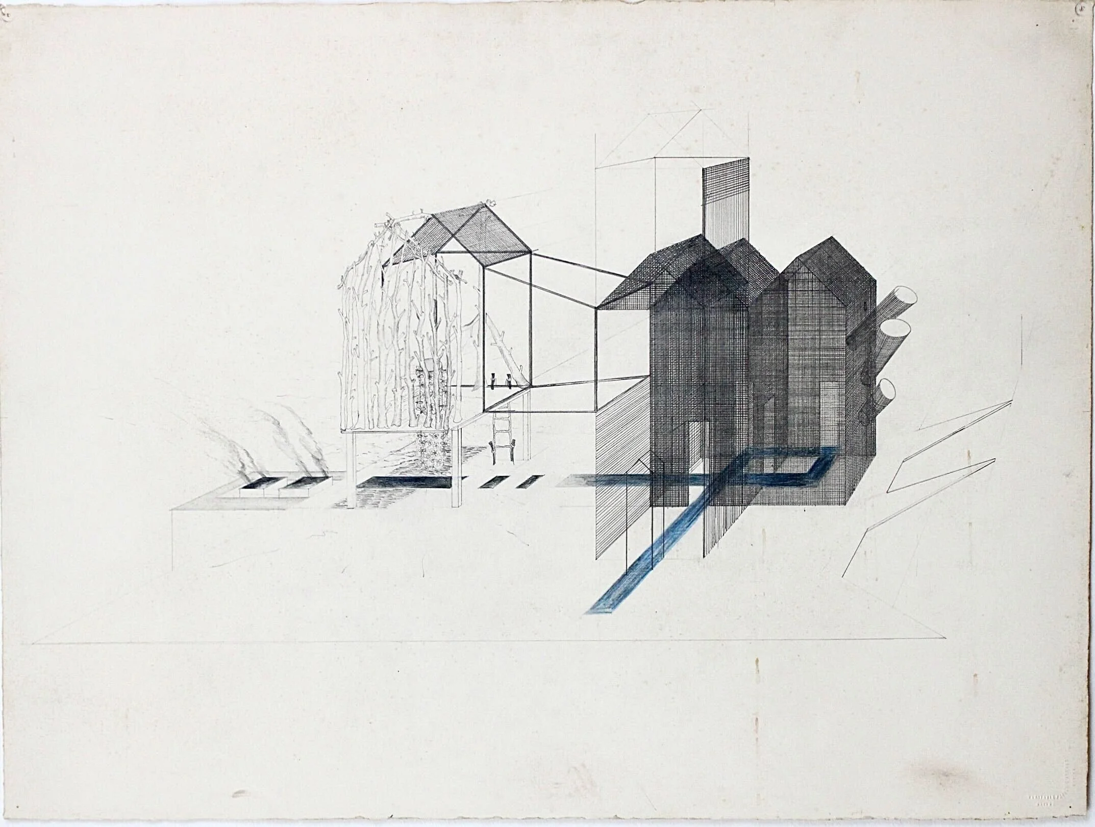 Architectural drawing of a modern house with multiple geometric shapes, transparent walls, and a water feature.