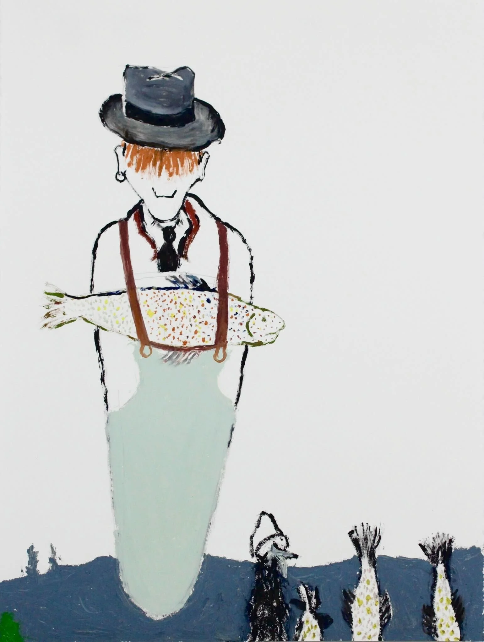 Man with Fish. Oil stick and acrylic on paper. 