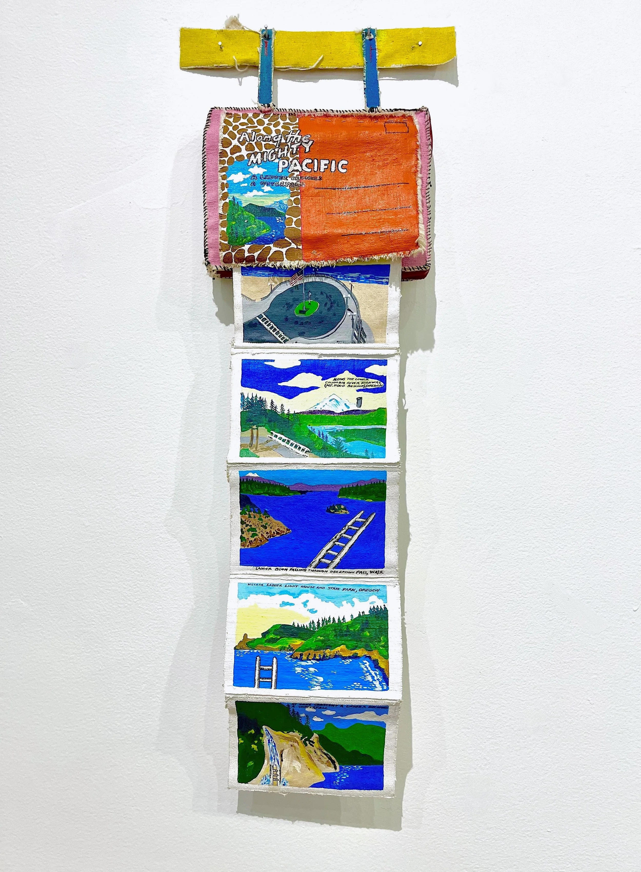 Along the Mighty Pacific A Ladder Becomes a Waterfall. Canvas, acrylic and thread. 
