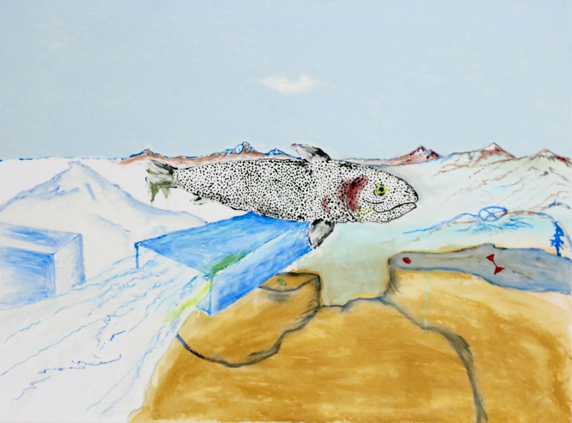 Salmon on the Move. Oil stick and acrylic on paper.