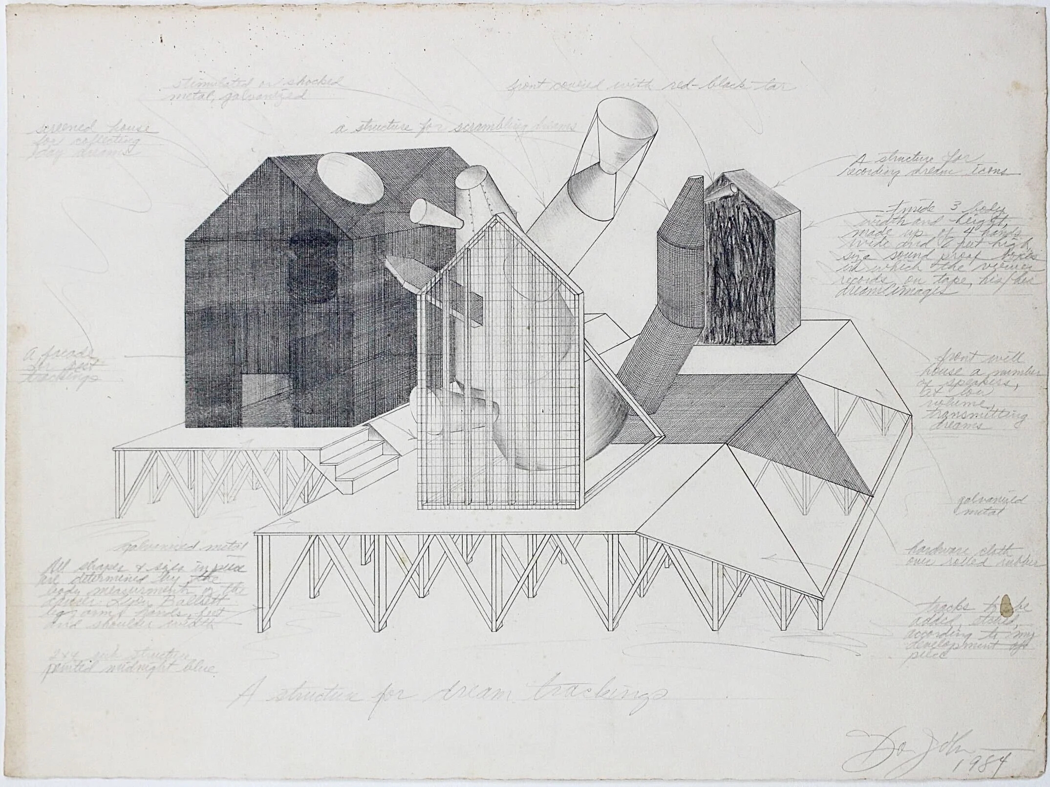 A detailed sketch of a complex architectural structure with notes and labels, showing various interconnected buildings, towers, and levels, with handwritten descriptions.