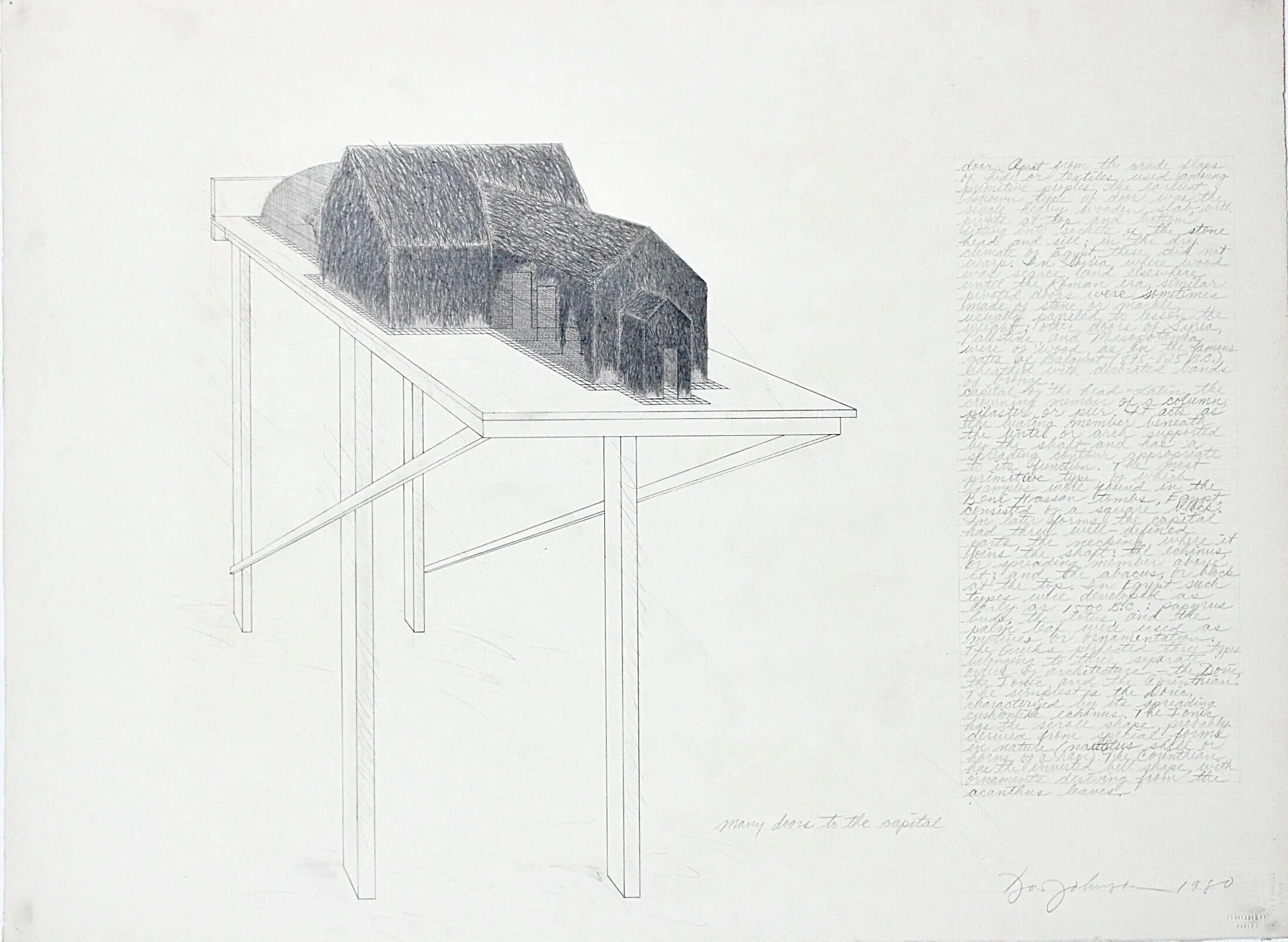 Pencil sketch of a large barn with a curved roof, sitting on a table, with handwritten text on the right side of the image.