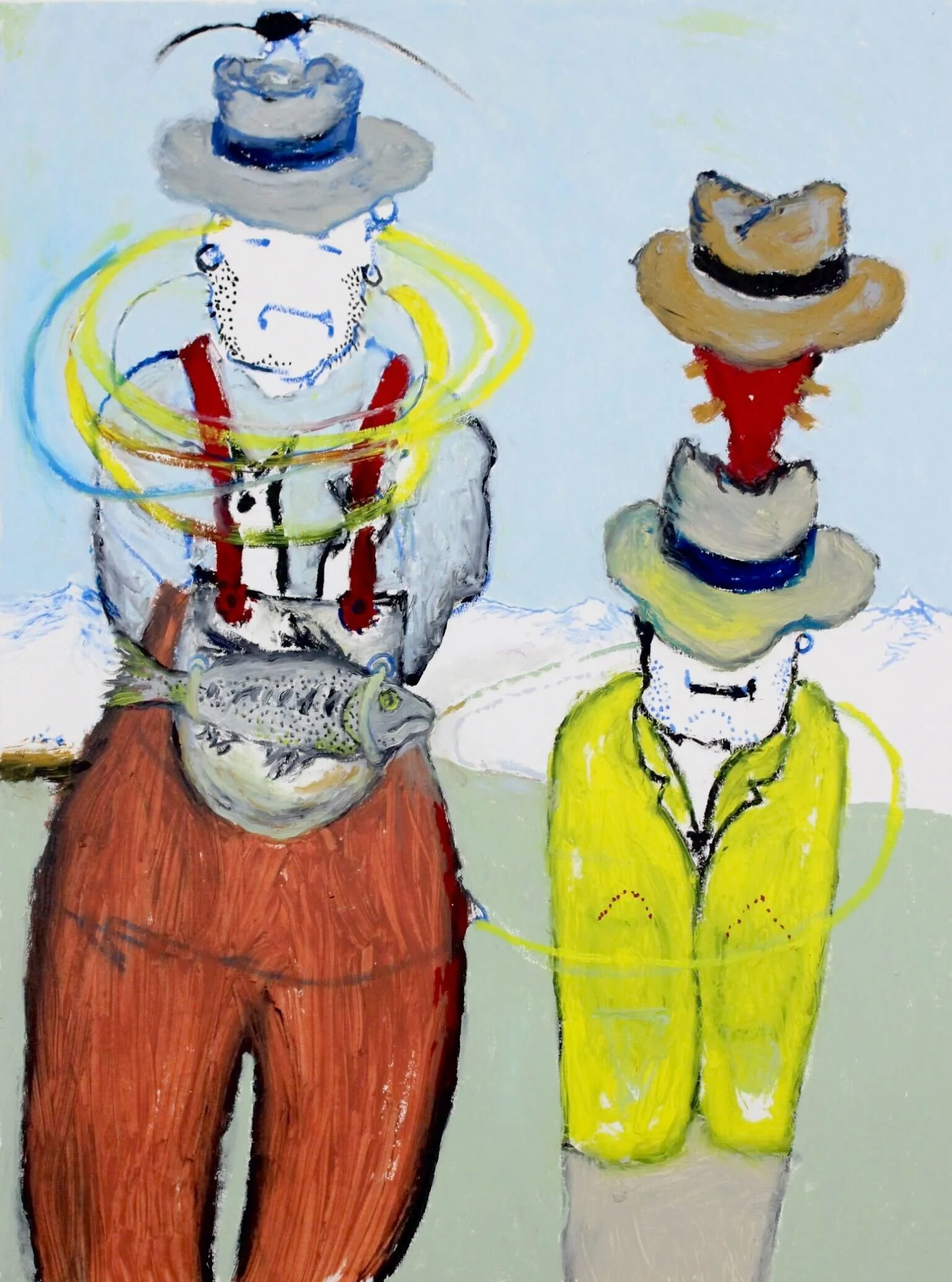 Two Men, One Fish. Oil stick and acrylic on paper. 