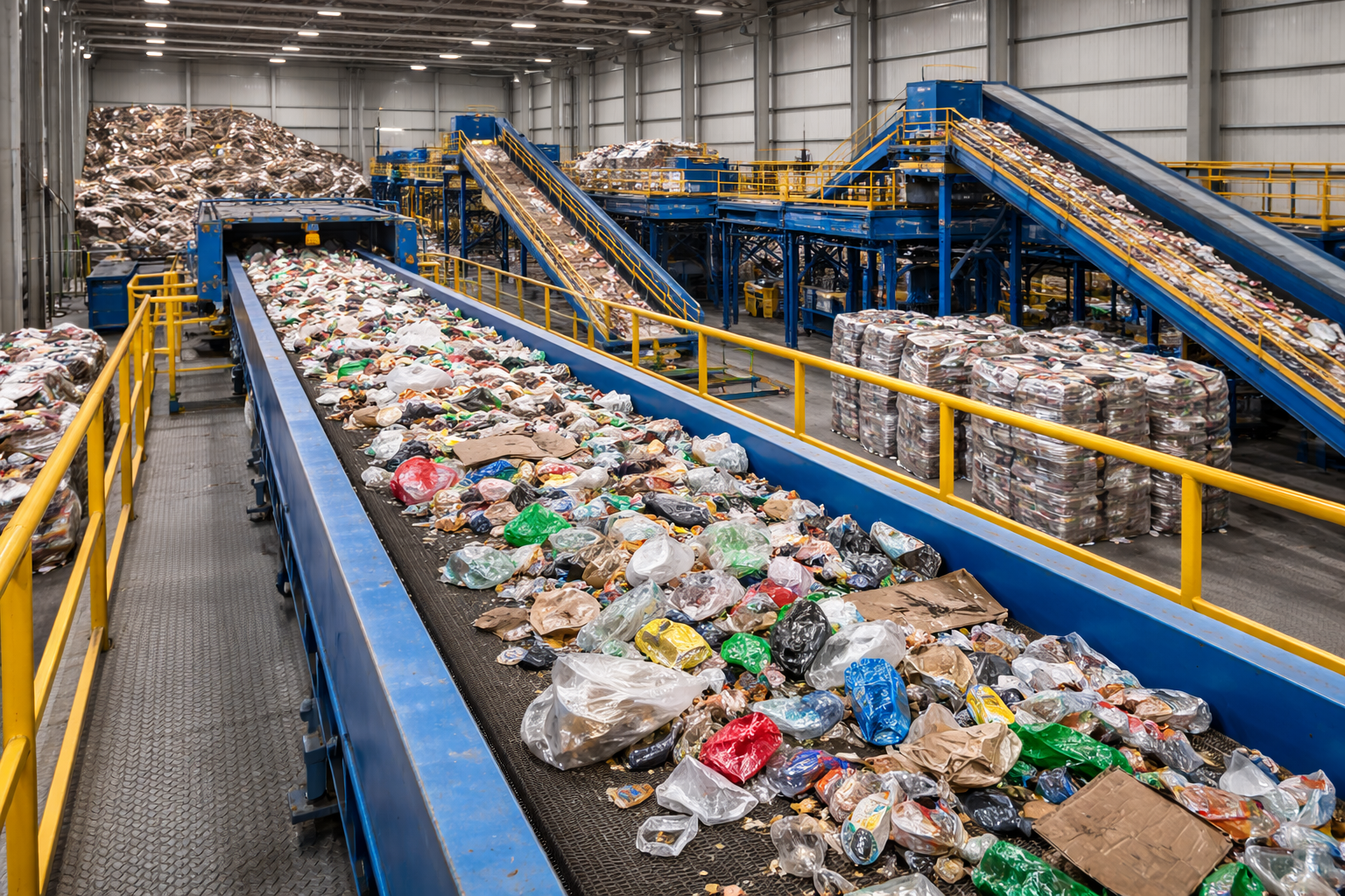 Indoor recycling facility with conveyor belts sorting plastic waste, including bottles and bags, with large bales of compressed recyclables in the background.