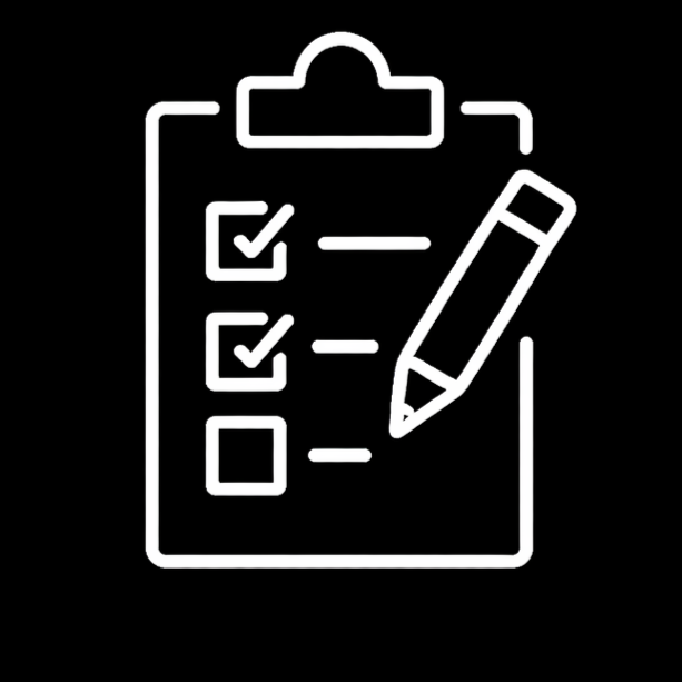 Outline of a clipboard with three checkboxes, two checked and one unchecked, and a pencil writing next to the checkboxes.