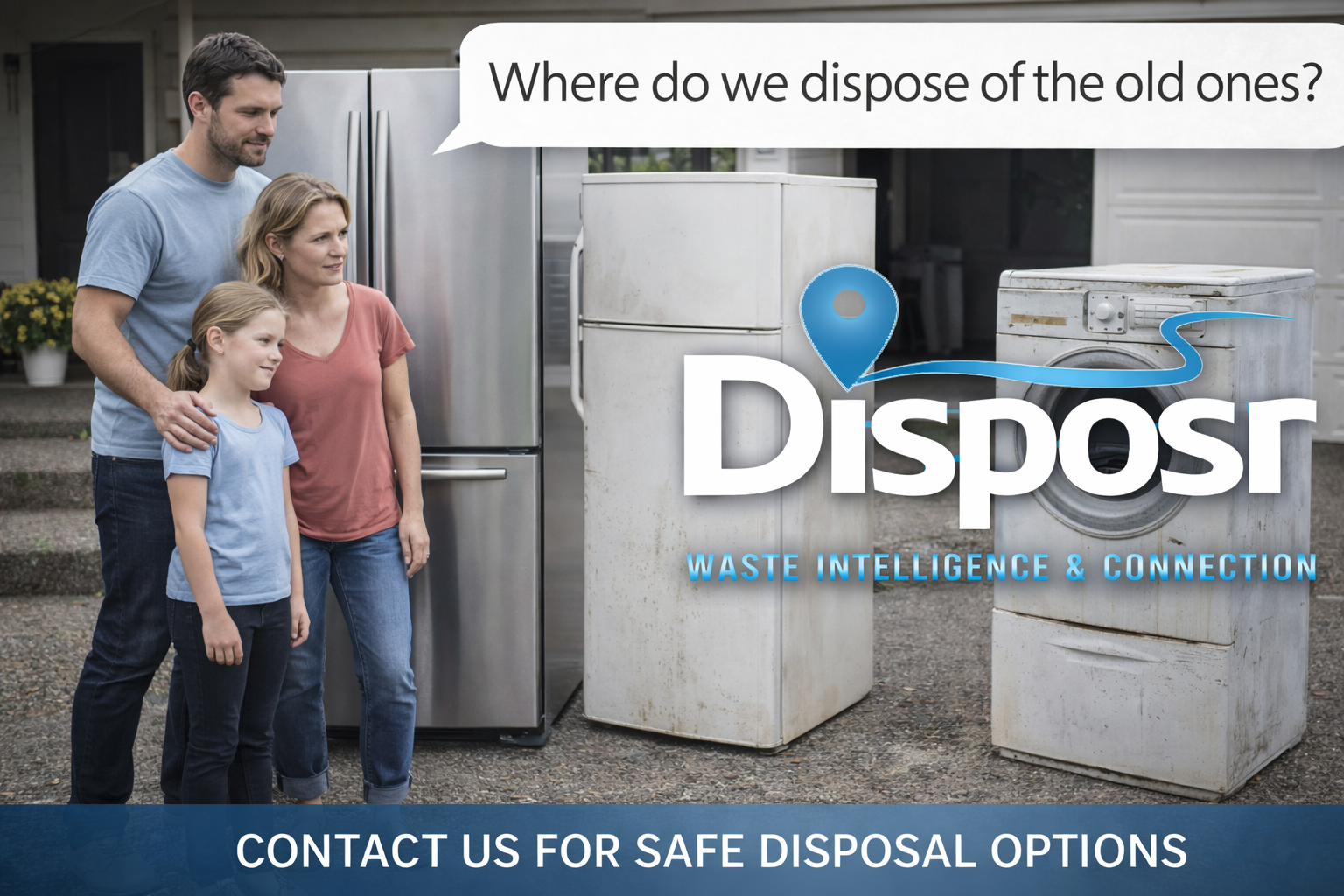 A family of three, a man, a woman, and a girl, standing outside next to a washing machine and refrigerator, discussing waste disposal options for old appliances. The text overlay says 'Where do we dispose of the old ones?' and 'Disposal: Waste Intell