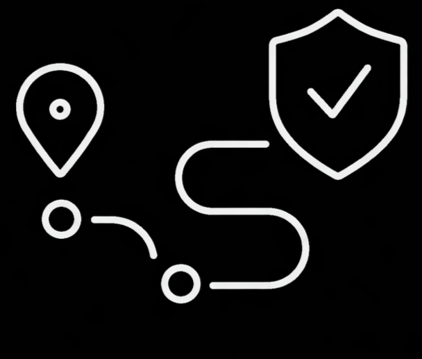 Line art illustration of a location pin, a route with three stops, and a shield with a checkmark, representing secure navigation or travel safety.