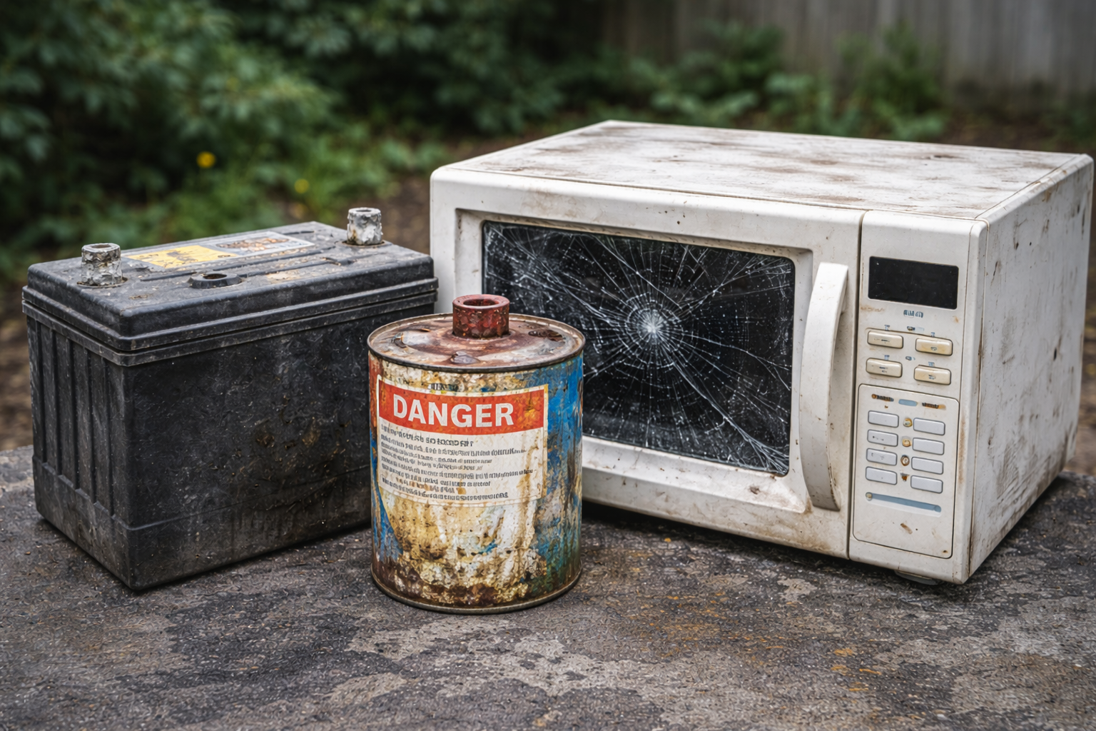 A rusty, damaged car battery, a rusty, corroded can labeled "Danger" with warning stickers, and a white microwave with a shattered door, all placed on a rough outdoor surface.