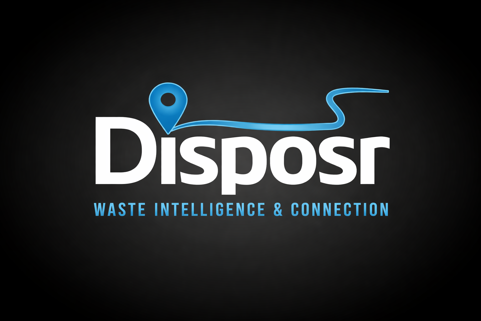 A dark background with the word 'DISPOS' in large white letters, a blue location pin over the letter 'I', with a blue line connecting to the pin that extends to the right, and the phrase 'WASTE INTELLIGENCE & CONNECTION' in blue text below.