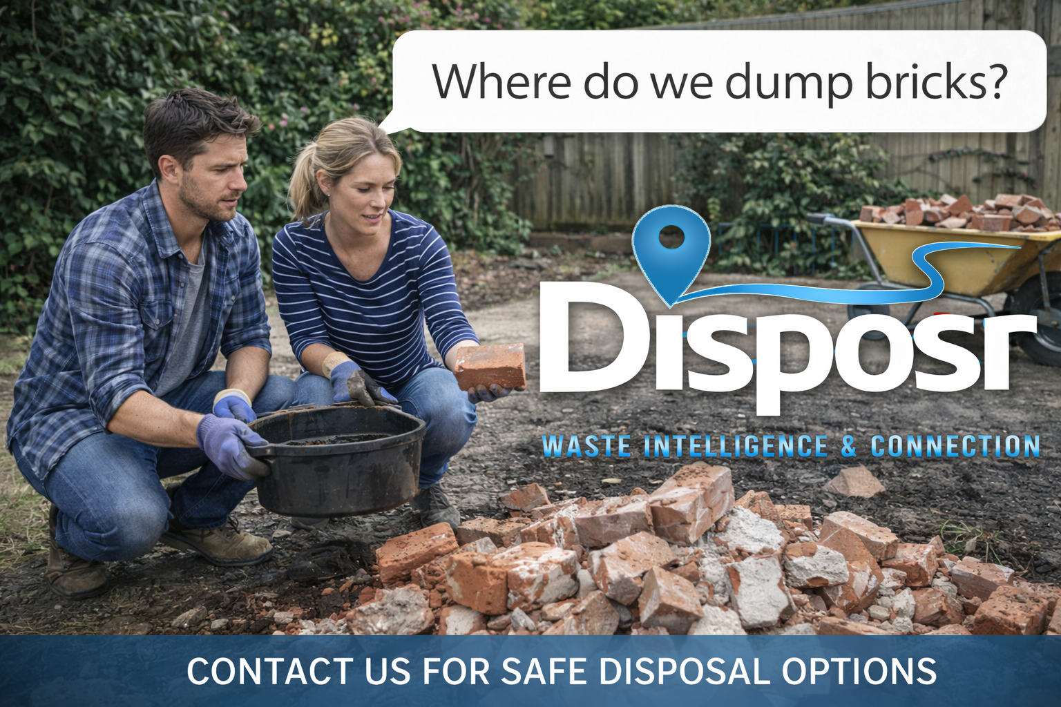 Two people, a man and a woman, look at a pile of broken bricks in a yard, with a wheelbarrow filled with more bricks in the background. The woman is holding a brick and appears confused, asking 'Where do we dump bricks?'. The image promotes waste dis